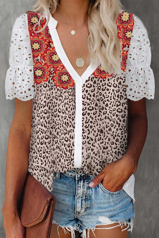Leopard Mandala Hollow-out Sleeves T-shirt