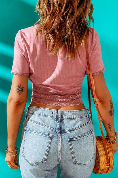Knit Button Front Lace Trim Short Sleeve Crop Top