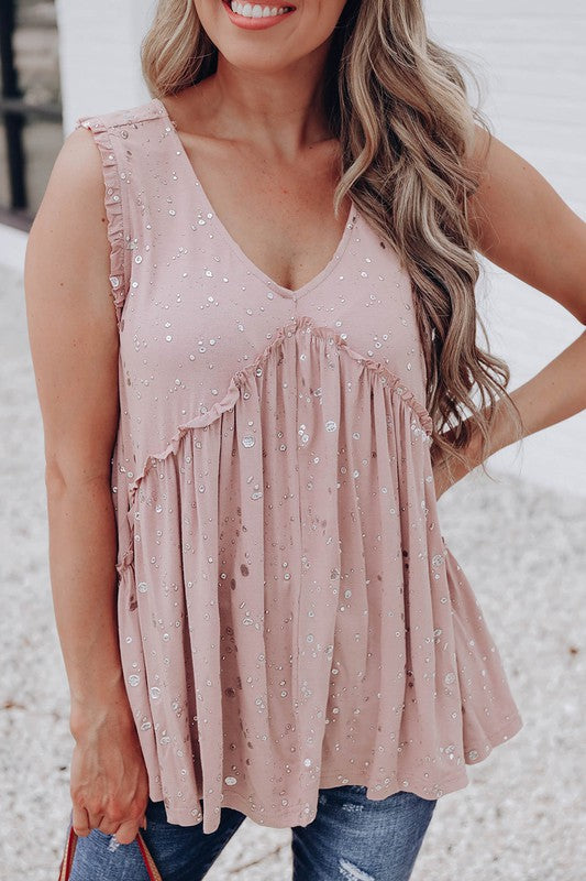 Foil Splatter Drops Ruffled Flowy Tank
