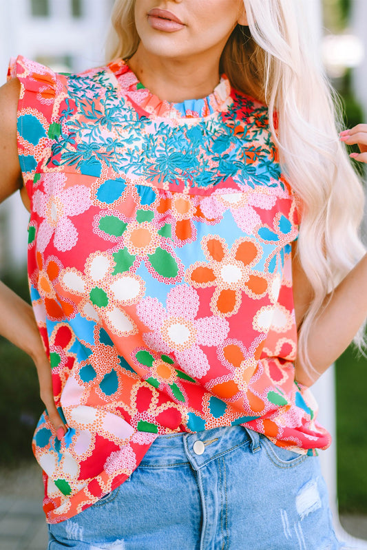 Embroidered Detail Floral Print Ruffle Tank Top