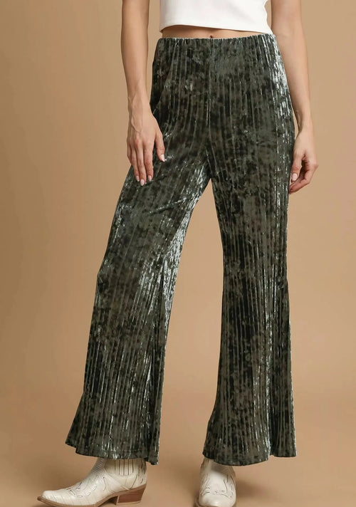 Umgee Velvet Pleated Wide Leg Pants