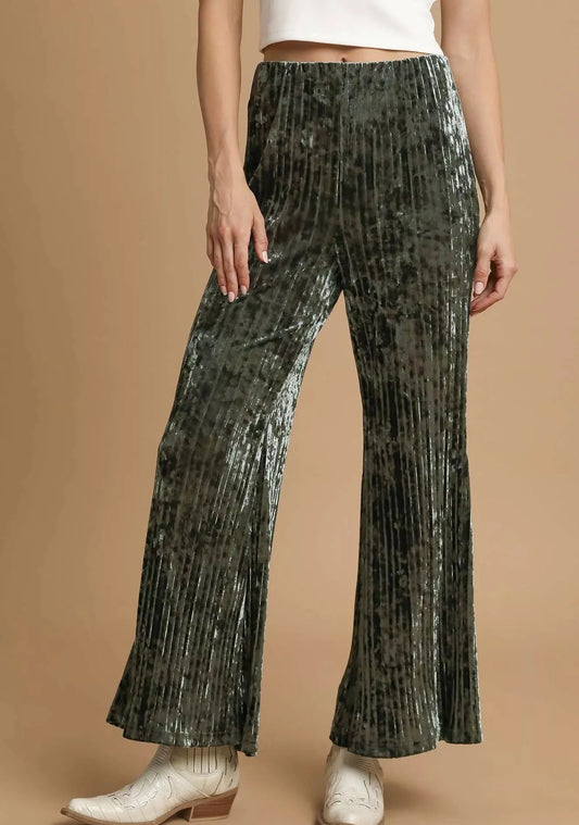 Umgee Velvet Pleated Wide Leg Pants