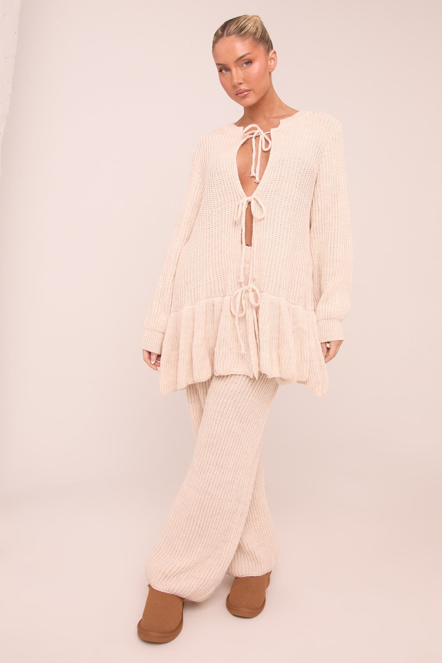 Beige Knit Tie Front Frill Hem Cardigan & Straight Leg Trouser Loungewear Co-ord Set - Julianna