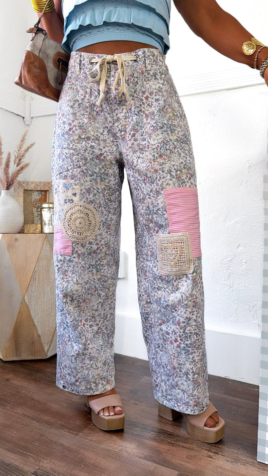 Denim Skies Striped Pants, Floral Multi