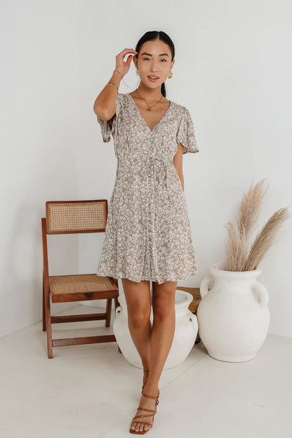 Abbie Floral Mini Dress in Taupe - FINAL SALE