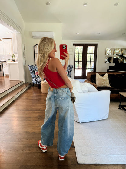 Good Luck Mid-Rise Barrel Jeans - Barnyard Blue FREE PEOPLE