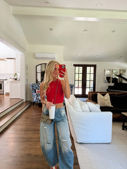 Good Luck Mid-Rise Barrel Jeans - Barnyard Blue FREE PEOPLE