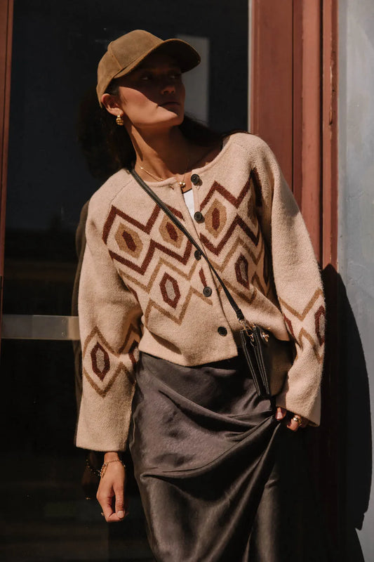 Angelica Geometric Cardigan in Tan - FINAL SALE