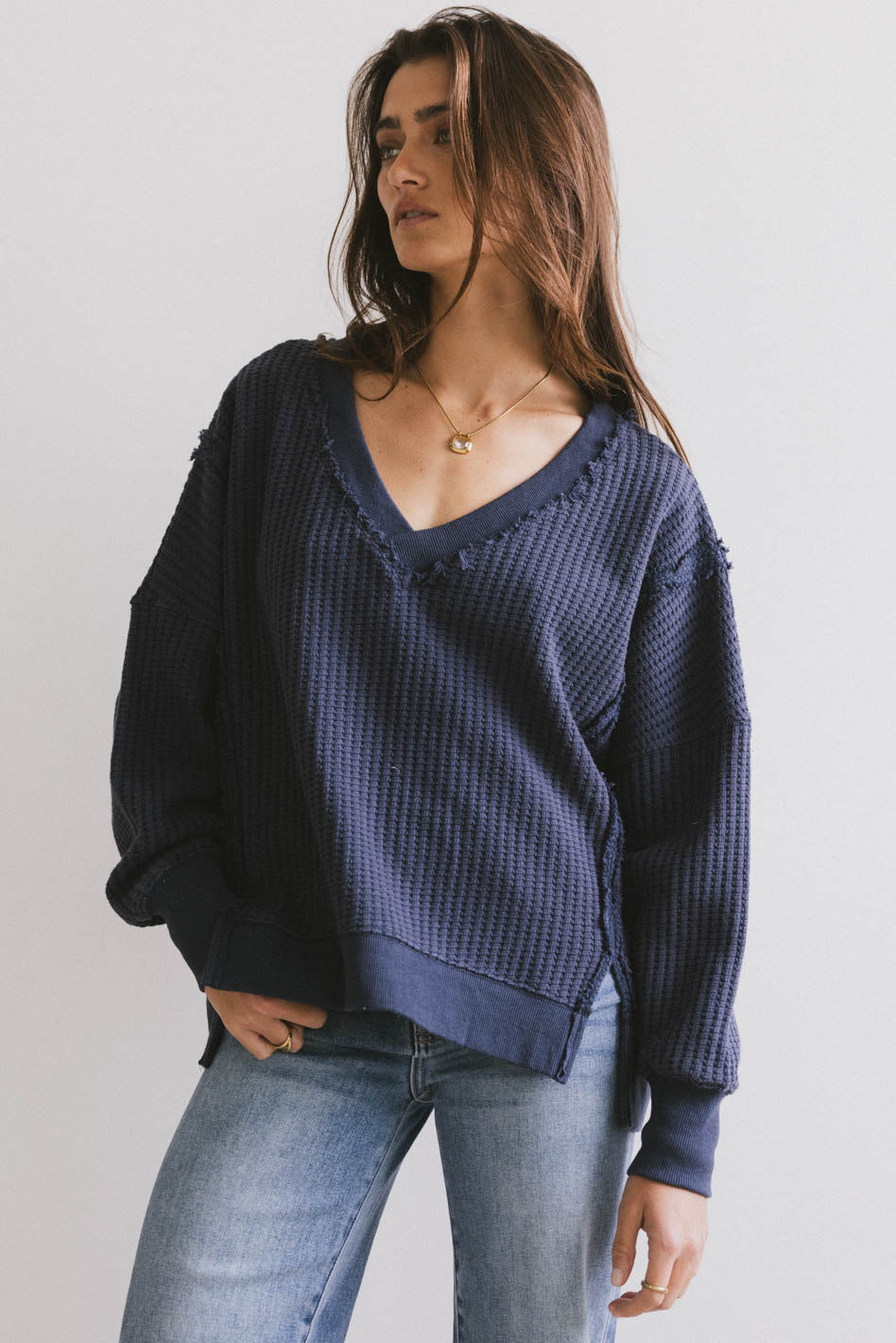Ellis Waffle Knit Top in Navy - FINAL SALE