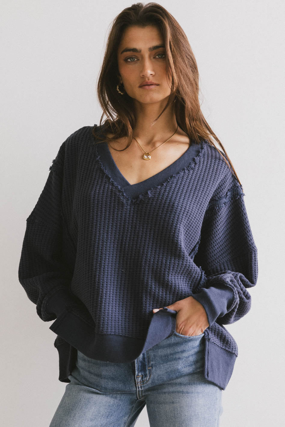 Ellis Waffle Knit Top in Navy - FINAL SALE