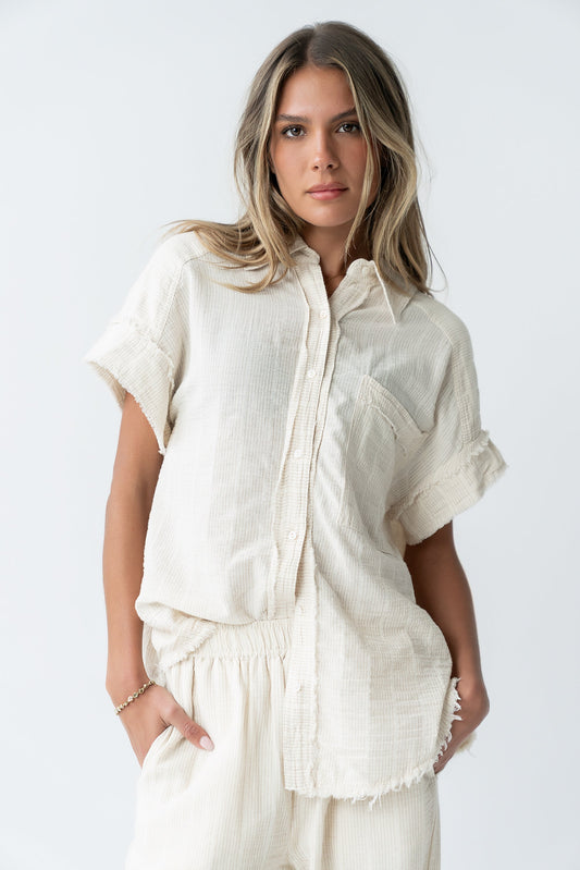 Belen Striped Button Up in Taupe - FINAL SALE