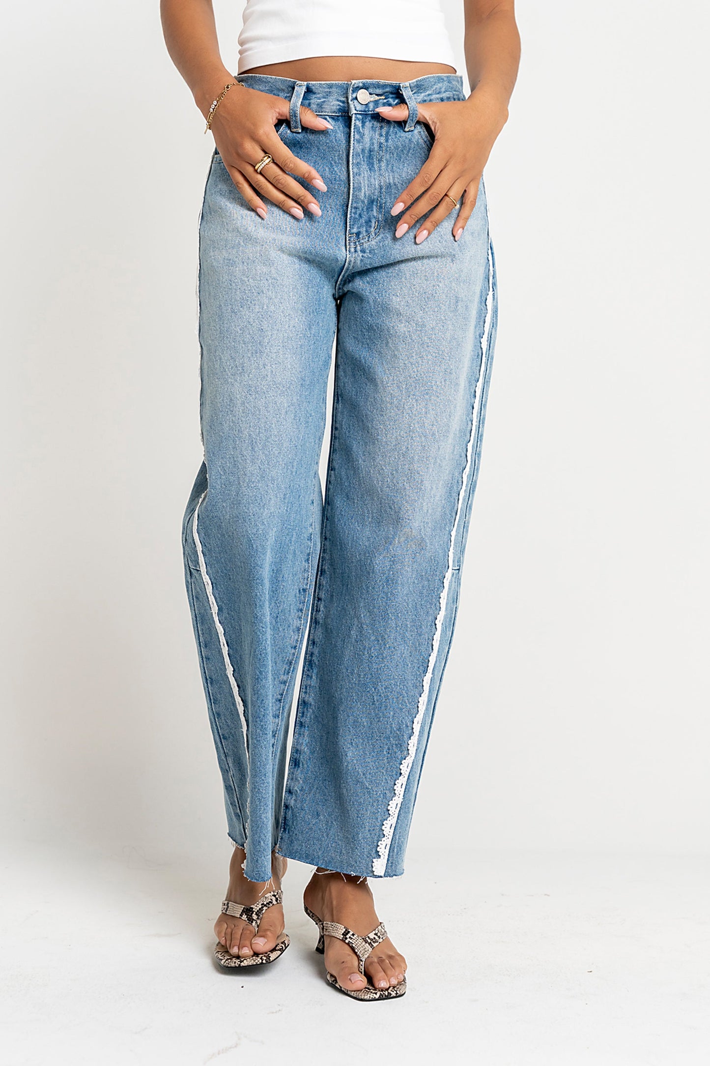 Adeline Lace Trim Barrel Jeans