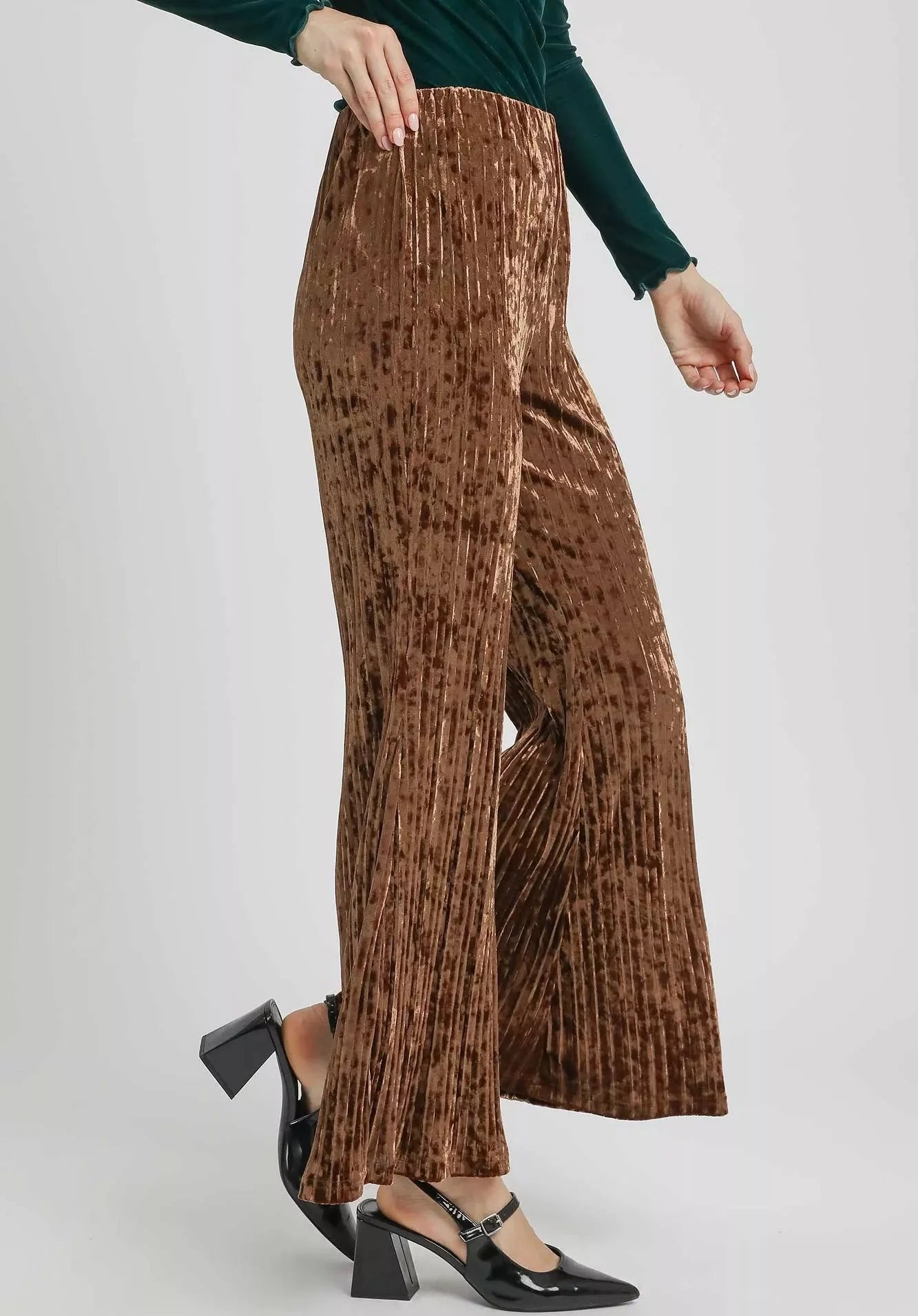 Umgee Velvet Pleated Wide Leg Pants
