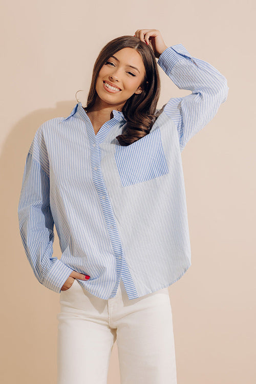 Pure Peace Stripe Button Up In Sky Blue