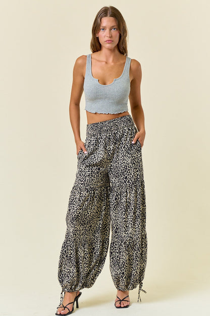Printed Smocked Waist Tiered Wide-Leg Pants