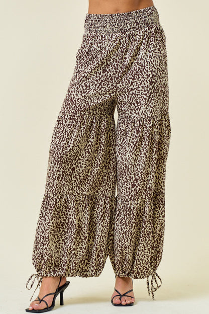 Printed Smocked Waist Tiered Wide-Leg Pants