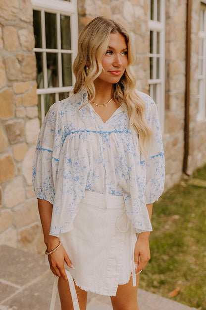 Boho Charm Floral Top in Sky Blue