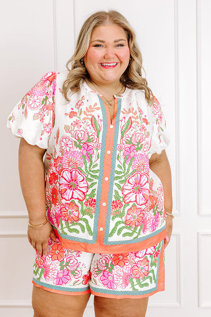 Santorini Daydream Linen-Blend Floral Top in Ivory Curves