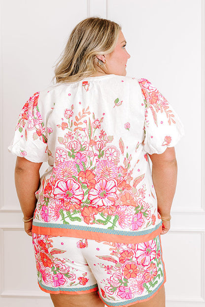 Santorini Daydream Linen-Blend Floral Top in Ivory Curves