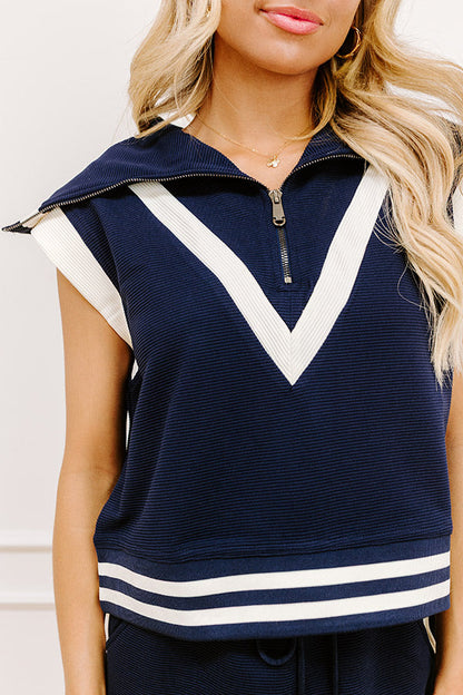 Varsity Vogue Ribbed Quarter Zip Top in Navy