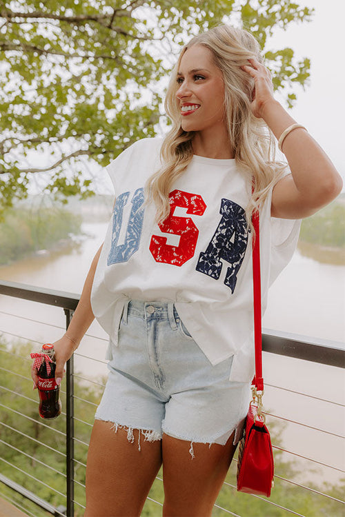 Red, White And Lace USA Embroidered Tee