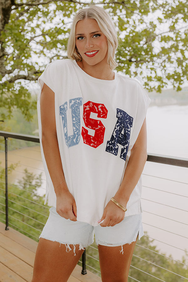 Red, White And Lace USA Embroidered Tee