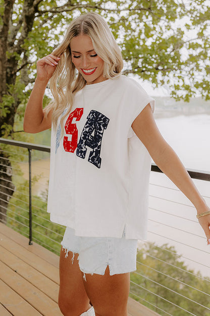 Red, White And Lace USA Embroidered Tee
