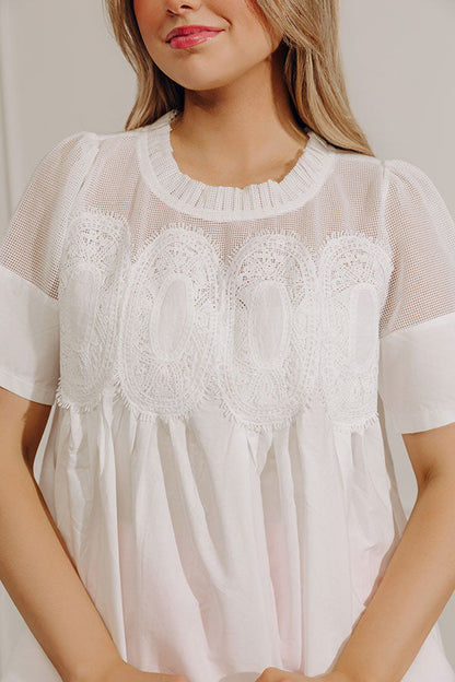 Charmed Life Lace Applique Mesh Top in White