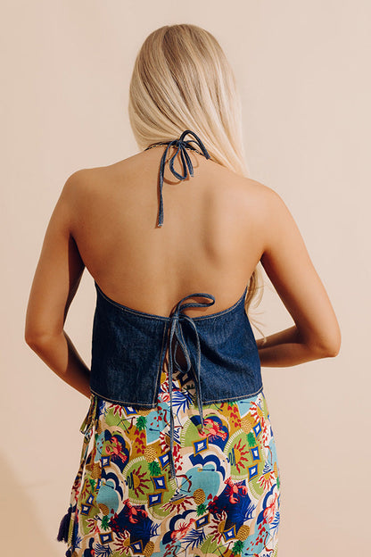 Block Party Ready Denim Halter Top