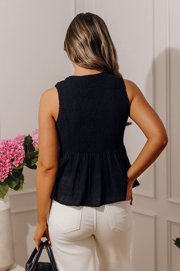 Santorini Breeze Front Tie Smocked Top in Black
