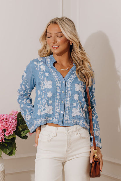 Free Flowing Floral Embroidered Chambray Top