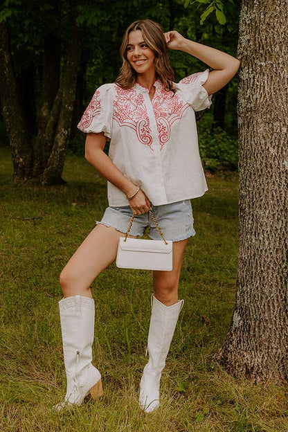Myrtle Beach Brunch Embroidered Top in Pink
