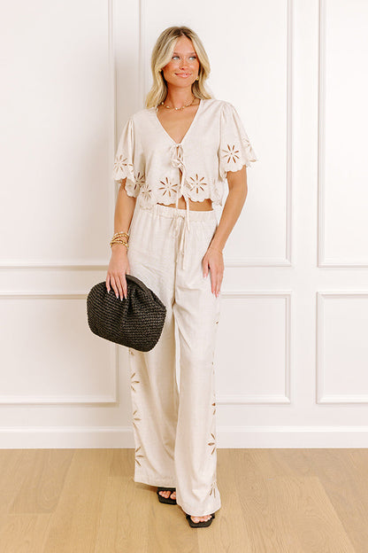 Sicily Stroll Linen-Blend Embroidered Top in Oatmeal