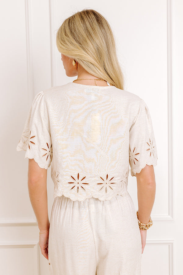 Sicily Stroll Linen-Blend Embroidered Top in Oatmeal