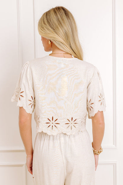 Sicily Stroll Linen-Blend Embroidered Top in Oatmeal