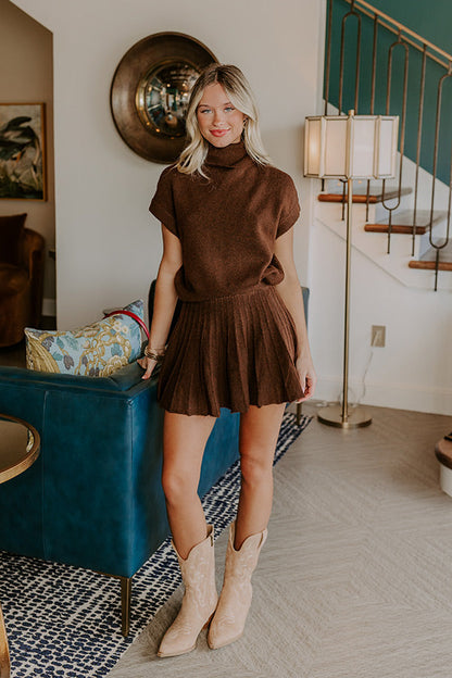 The Vineyard Affair High Waist Knit Mini Skirt in Chocolate