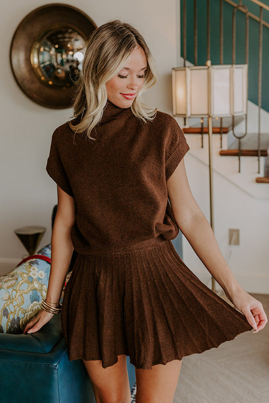 The Vineyard Affair High Waist Knit Mini Skirt in Chocolate