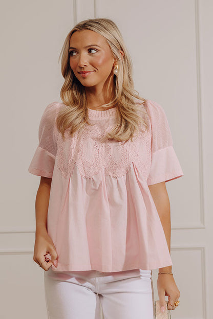 Charmed Life Lace Applique Mesh Top in Pink