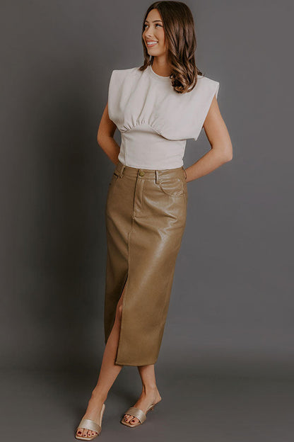 The Eras High Waist Faux Leather Skirt in Taupe