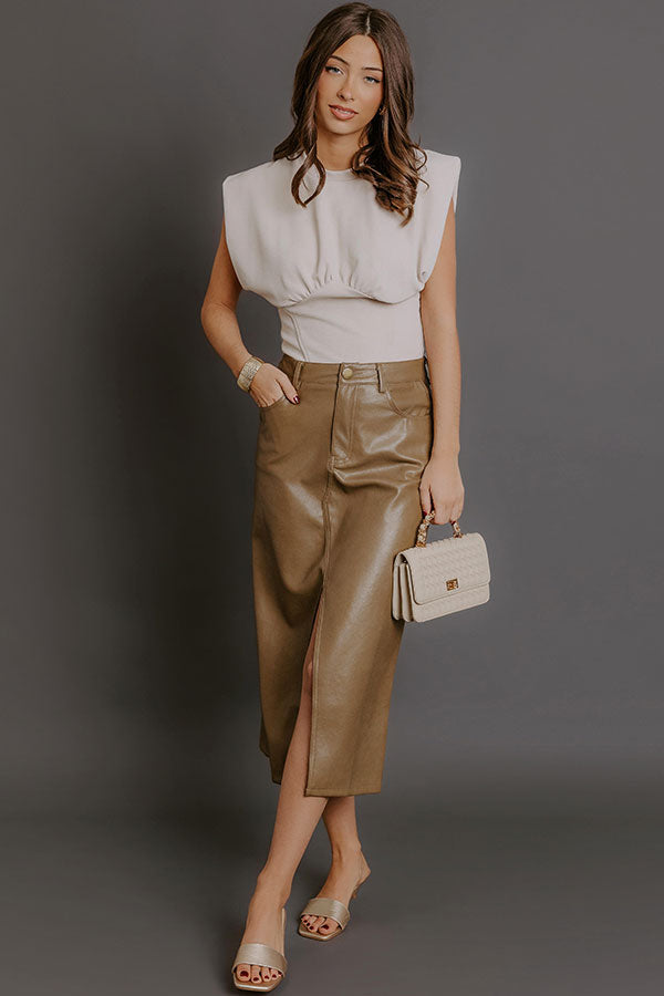 The Eras High Waist Faux Leather Skirt in Taupe