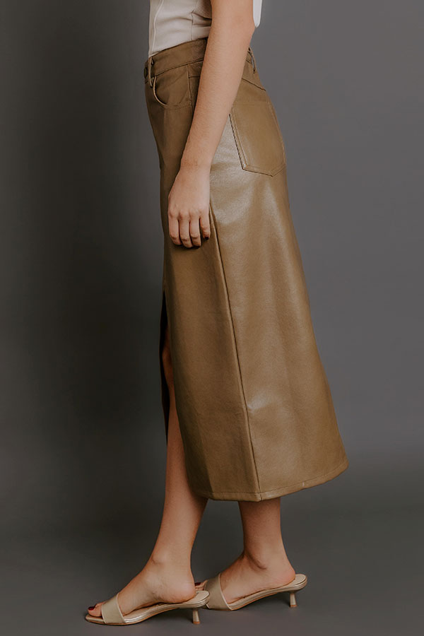 The Eras High Waist Faux Leather Skirt in Taupe