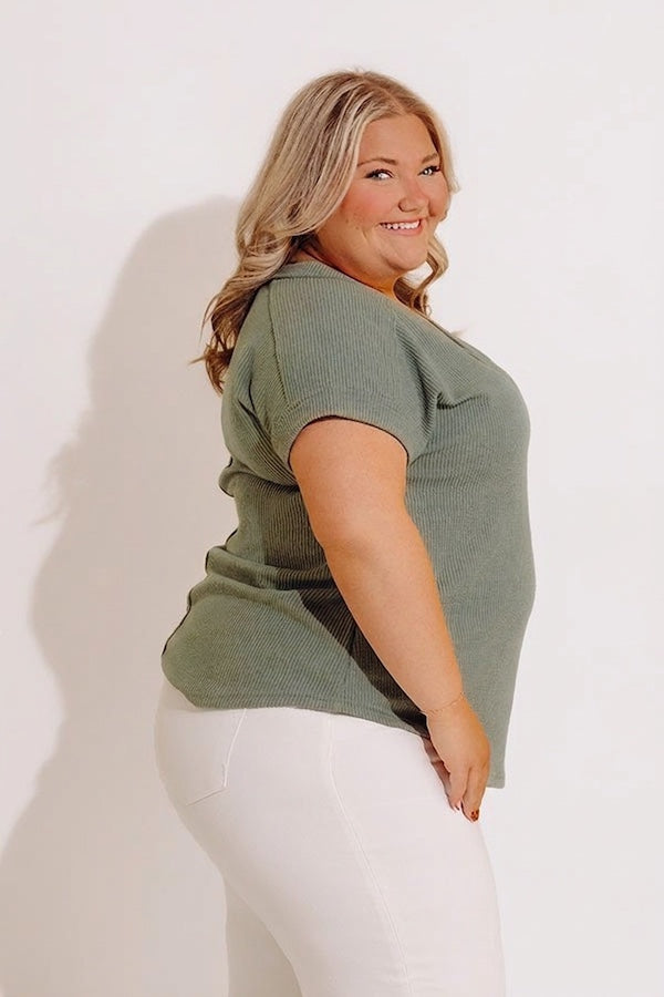 Casual Brunch Ribbed Top in Sage Curves