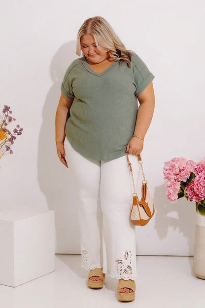 Casual Brunch Ribbed Top in Sage Curves