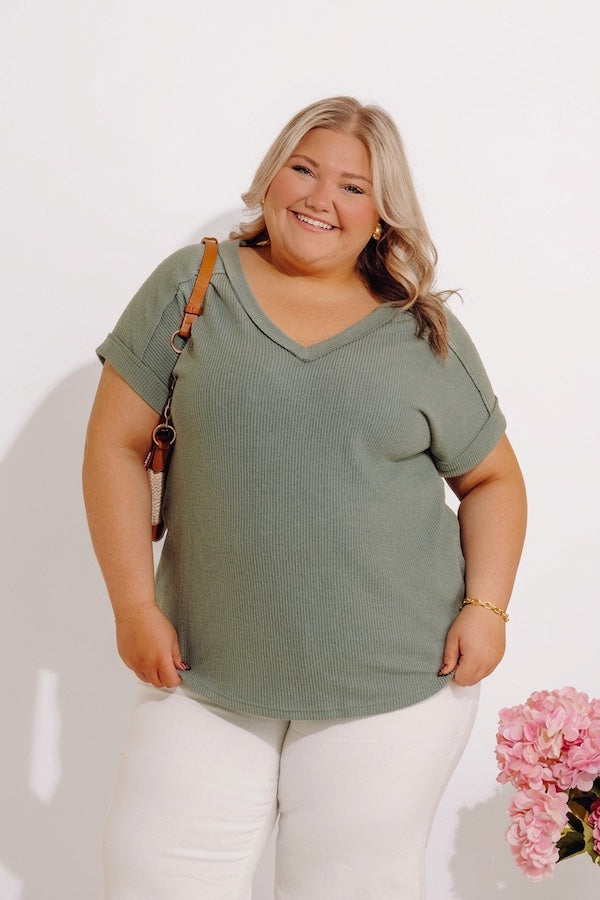 Casual Brunch Ribbed Top in Sage Curves