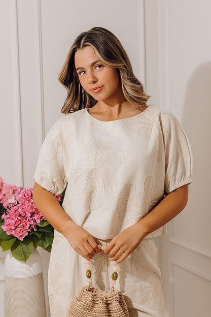 Casual Calm Embroidered Linen-Blend Top
