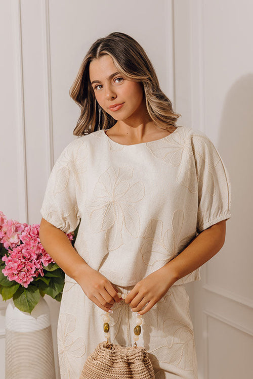 Casual Calm Embroidered Linen-Blend Top