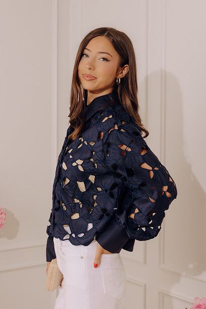Downtown Darling Floral Embroidered Button Up Top