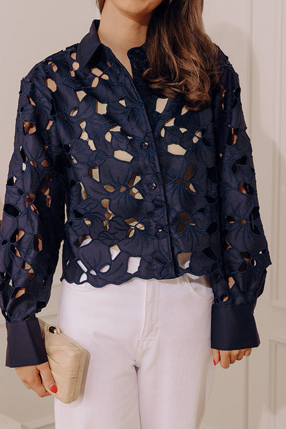 Downtown Darling Floral Embroidered Button Up Top