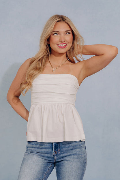 Effortless Look Ruched Peplum Top in White