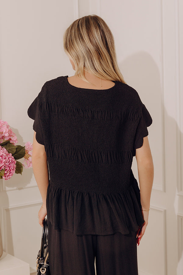 Seaside Bistro Linen-Blend Smocked Top in Black